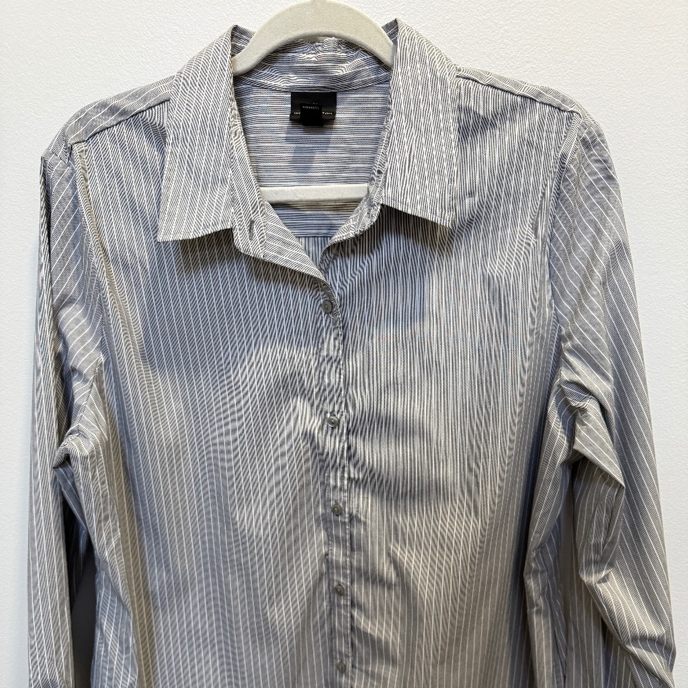 Gray Button Up with White Pinstripe